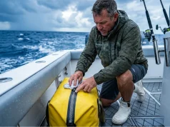 How to Waterproof Fishing Bags Before Salt Takes Them Out Angler maintaining the waterproof YKK zipper on a yellow Simms tackle bag on a wet boat deck.