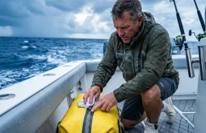 How to Waterproof Fishing Bags Before Salt Takes Them Out Angler maintaining the waterproof YKK zipper on a yellow Simms tackle bag on a wet boat deck.
