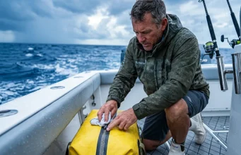 How to Waterproof Fishing Bags Before Salt Takes Them Out Angler maintaining the waterproof YKK zipper on a yellow Simms tackle bag on a wet boat deck.
