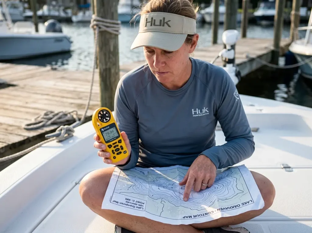 Female angler analyzing real-time barometric pressure data on a handheld weather logger