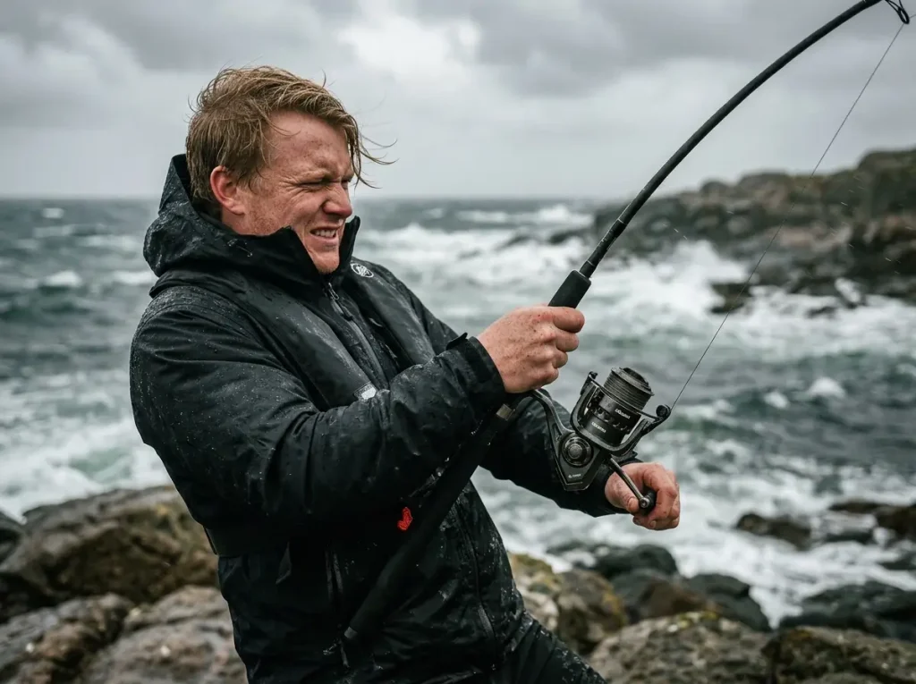 Angler retrieving a heavy lure against strong winds and current seams along a rocky shoreline