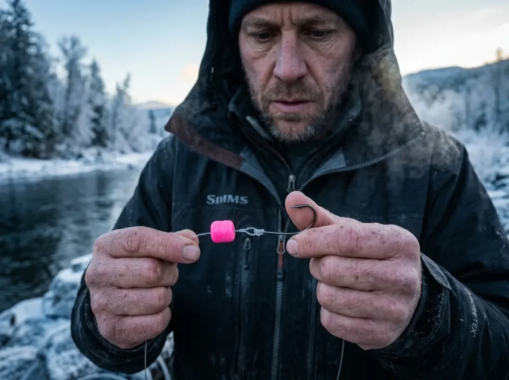 Checking terminal tackle and bait for cold water steelhead bites