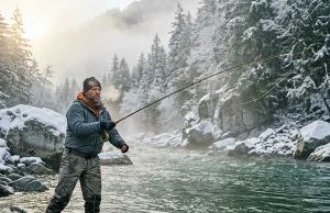 Winter Steelhead Tactics That Physics Actually Prove Angler spey casting in premium gear on winter steelhead river