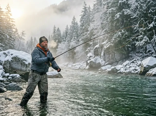 winter-steelhead-fishing-river-tactics-hero Angler spey casting in premium gear on winter steelhead river
