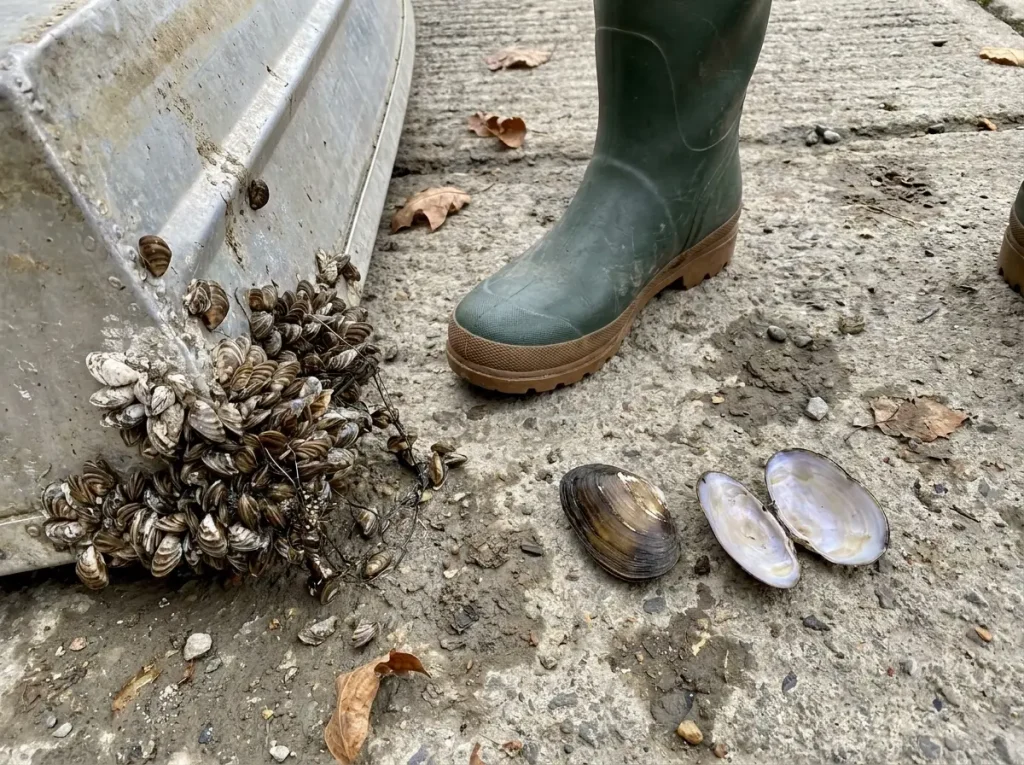 Boat hull section heavily fouled with invasive zebra mussels at boat ramp compared to native mussel shell