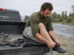 Best Fishing Socks for Sweaty Feet in Waders Angler pulling a merino wool fishing sock onto his foot at a river access before putting on his waders