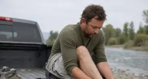 Best Fishing Socks for Sweaty Feet in Waders Angler pulling a merino wool fishing sock onto his foot at a river access before putting on his waders