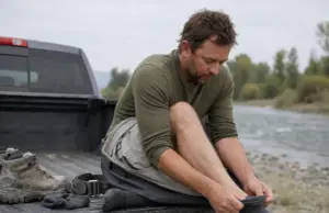 Best Fishing Socks for Sweaty Feet in Waders Angler pulling a merino wool fishing sock onto his foot at a river access before putting on his waders