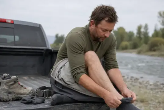 Best Fishing Socks for Sweaty Feet in Waders Angler pulling a merino wool fishing sock onto his foot at a river access before putting on his waders