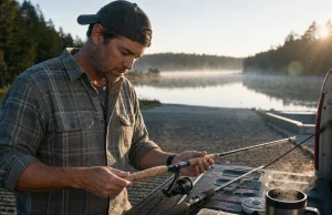 Cork vs EVA Rod Handle Which Fits How You Fish Angler inspecting a worn cork rod handle at dawn comparing cork vs EVA fishing rod handle materials