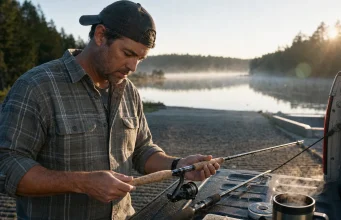 Cork vs EVA Rod Handle Which Fits How You Fish Angler inspecting a worn cork rod handle at dawn comparing cork vs EVA fishing rod handle materials