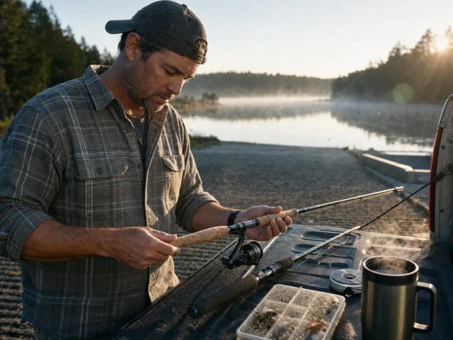 0-cork-vs-eva-rod-handle-dawn-inspection Angler inspecting a worn cork rod handle at dawn comparing cork vs EVA fishing rod handle materials