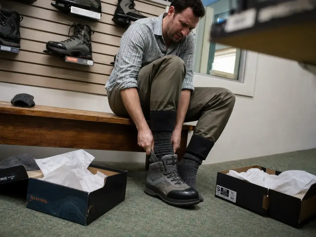 Angler forcing a thick merino fishing sock and wader bootie into a wading boot that is a size too tight