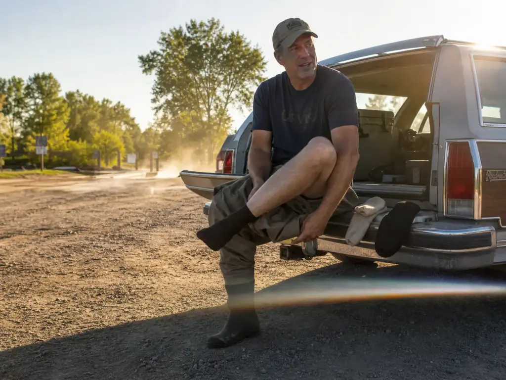 Angler layering a thin liner sock under a merino fishing sock and neoprene wading sock on a tailgate