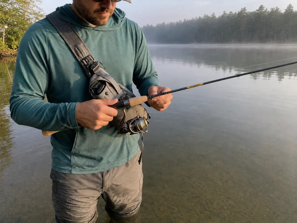 Angler holding a cork-handled St. Croix Triumph spinning rod for finesse freshwater fishing on a quiet lake