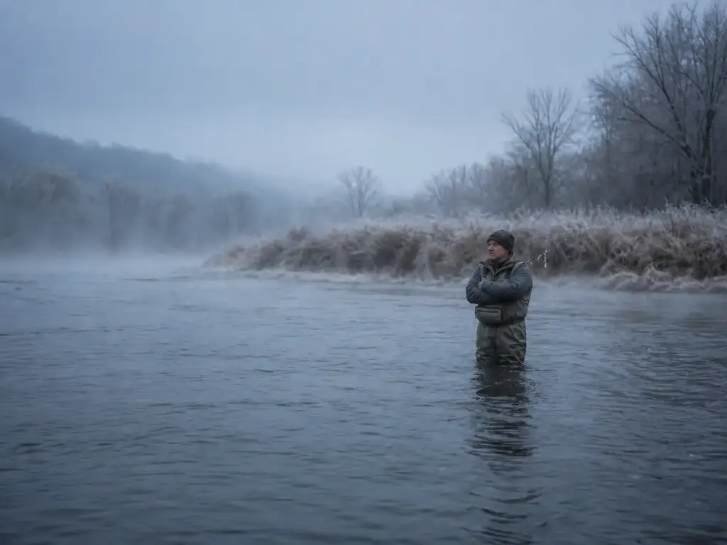 Angler thigh deep in a cold winter tailwater wearing insulated waders and heavy wool fishing socks
