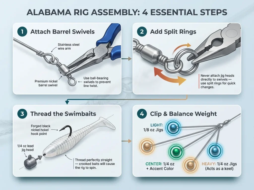 Infographic showing 4 steps to assemble an Alabama rig with swivels, split rings, swimbaits, and weight distribution
