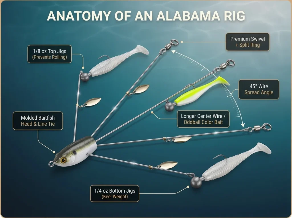 Infographic showing an Alabama rig setup with labeled components, wire angles, and proper jig head weight distribution