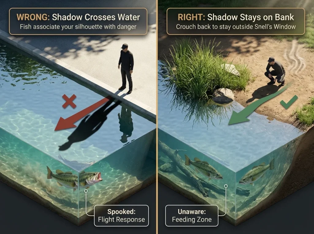 Split-screen comparison showing how an angler's shadow spooks city fish and the correct low-crouch stealth approach.