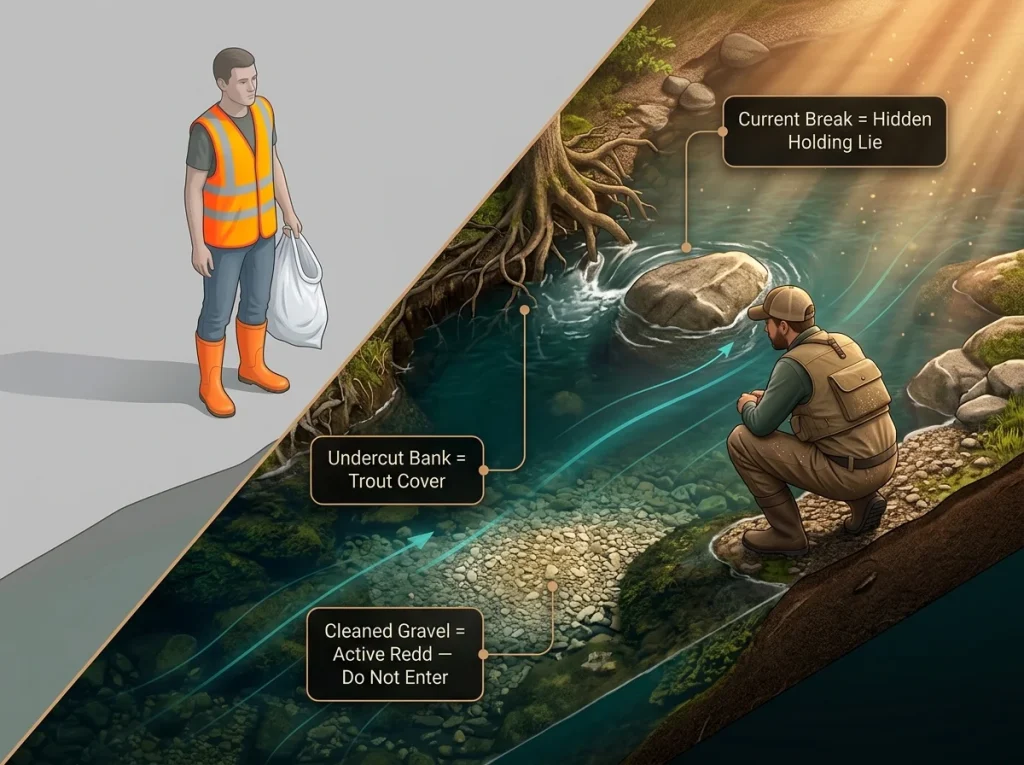 Infographic comparing a generic volunteer and an angler reading a stream bank with labeled callouts for trout habitat and redds.