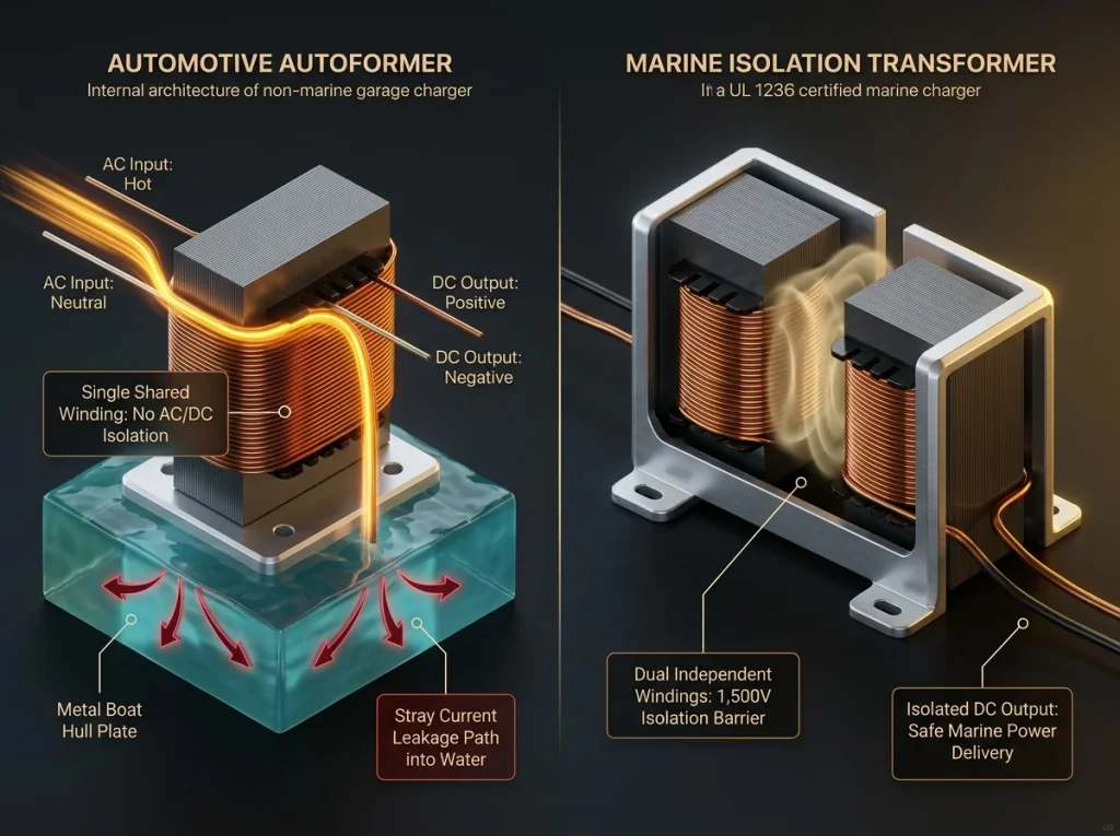 Infographic showing the architectural difference between automotive autoformers and double-wound marine isolation transformers.
