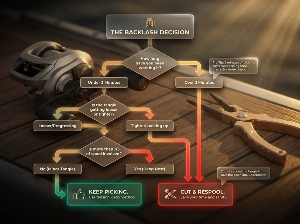 Infographic showing a decision flowchart for clearing a baitcaster backlash with time limits and spool percentage warnings.