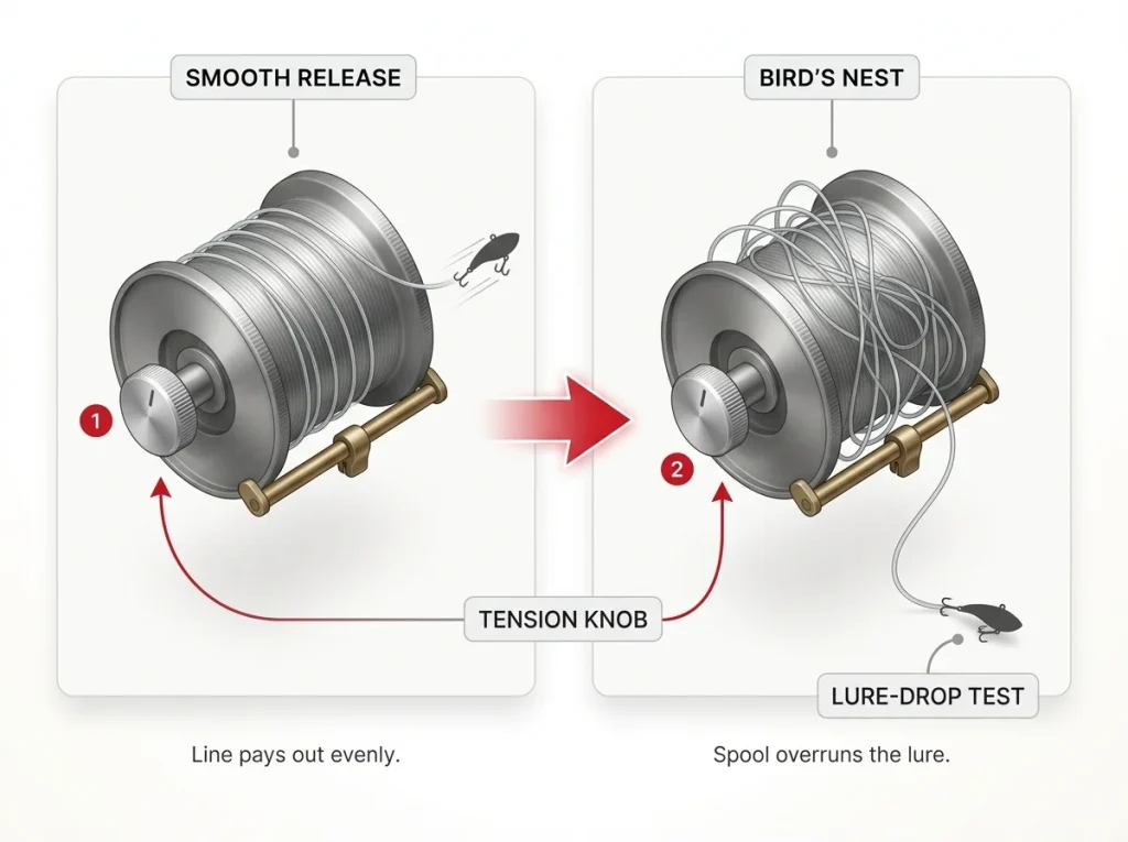 Diagram comparing a properly metered baitcaster spool to a backlashed bird's nest, with tension knob and lure-drop test labeled