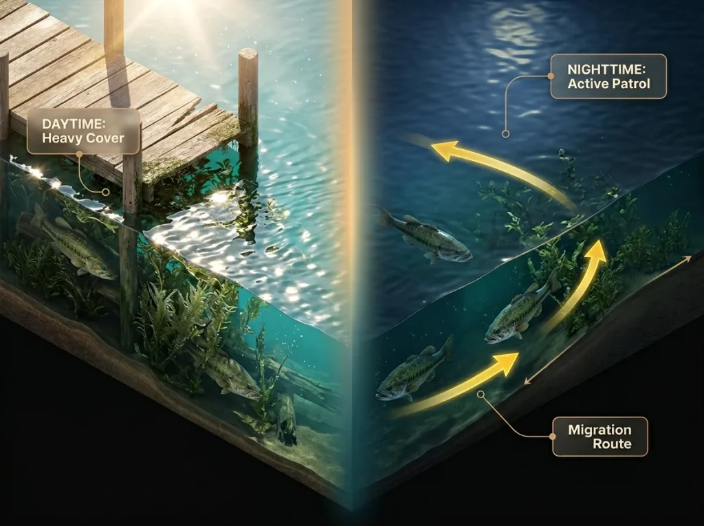 Infographic showing bass location changes from day to night with labeled weedlines, dock cover, and patrol routes.