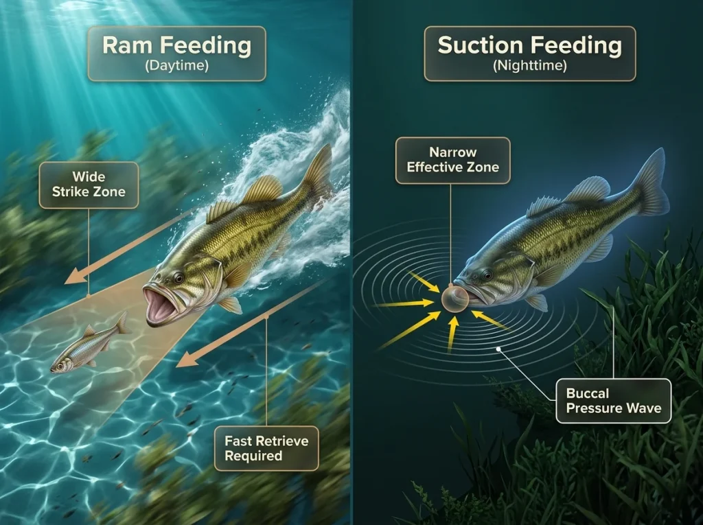 Infographic comparing bass ram feeding and suction feeding modes with labeled strike zones and retrieve speeds.