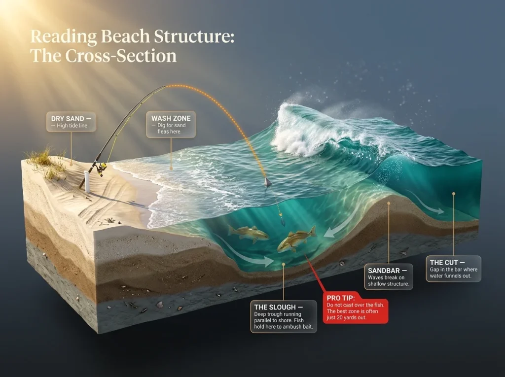 Infographic showing beach surf structure cross-section with labeled slough, sandbar, cut, and predator holding zones