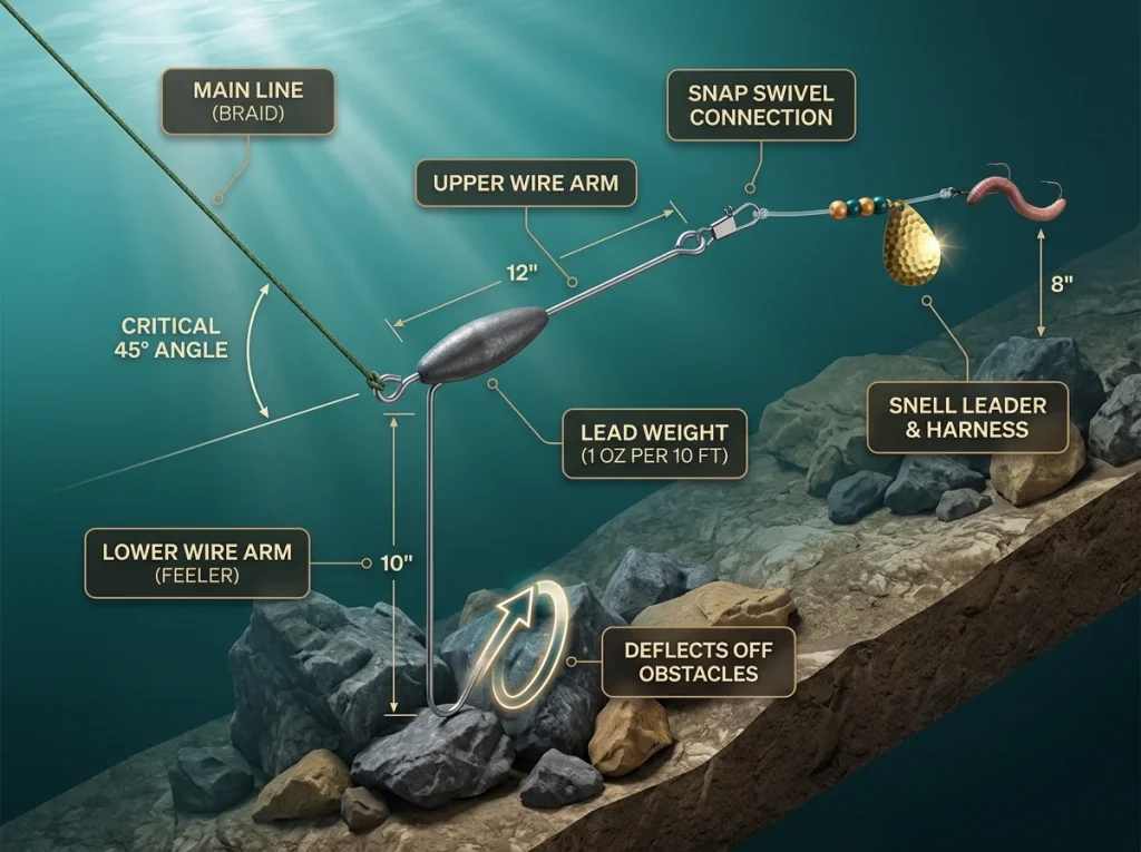 Technical 3D diagram of a bottom bouncer fishing rig with labeled wire arms, weight, and deflection angles.