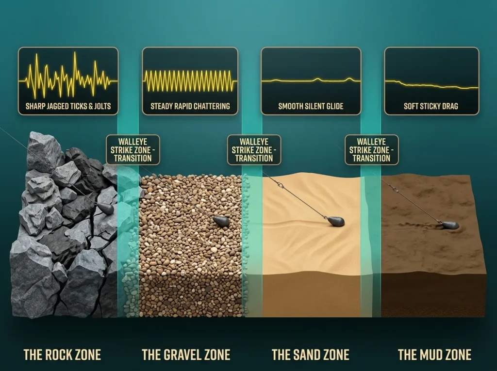 3D diagram of a fishing bottom bouncer crossing rock, gravel, sand, and mud with corresponding rod tip waveforms.