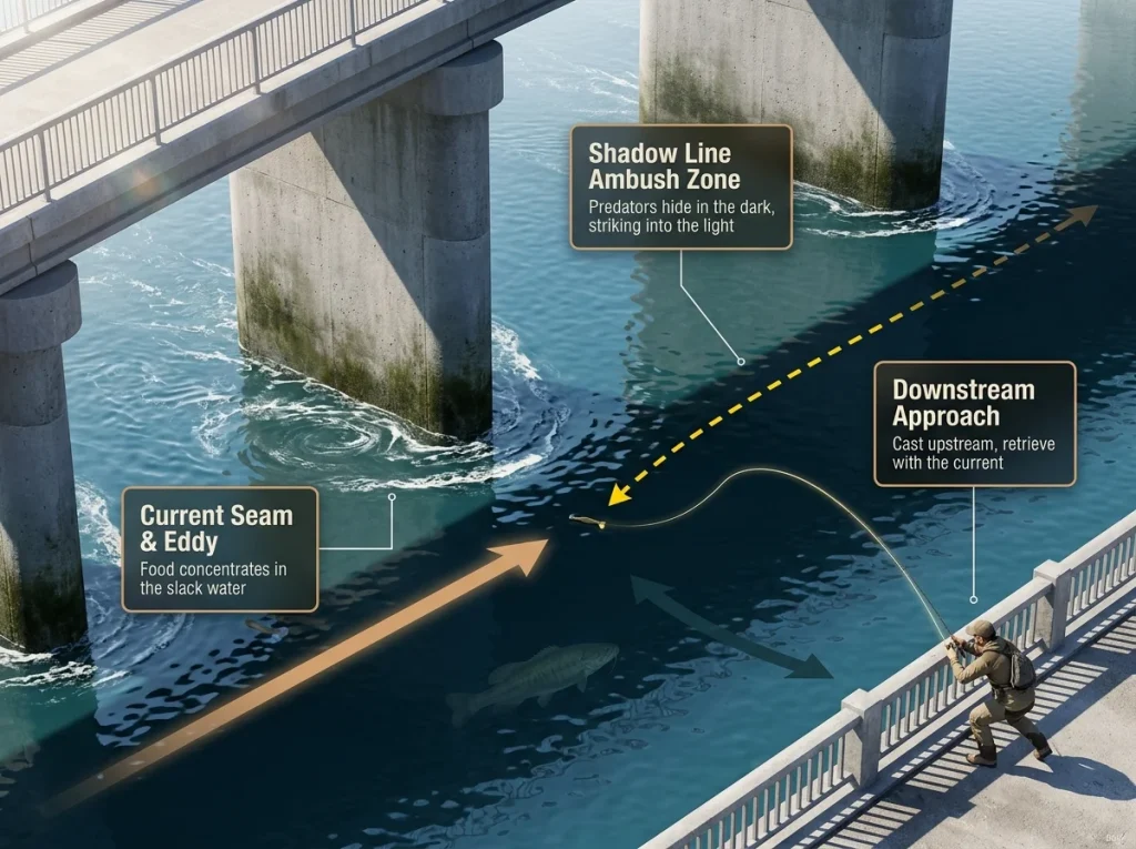 High-angle view of an urban bridge piling showing the shadow line ambush zone and correct downstream casting approach.
