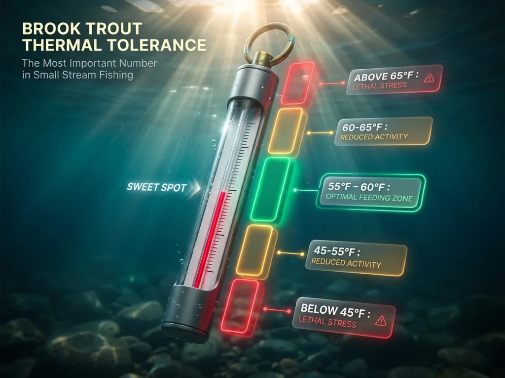 Infographic showing a submerged stream thermometer with green optimal, yellow caution, and red danger temperature zones