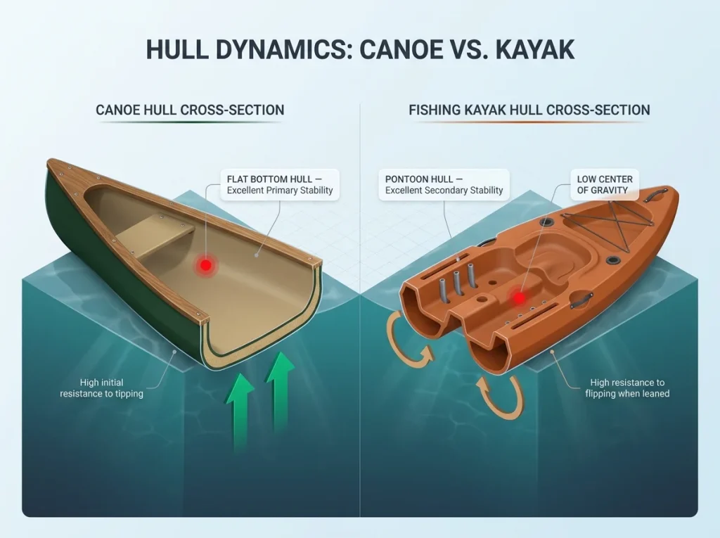 Infographic showing cross-section of canoe and kayak hulls comparing primary and secondary stability forces