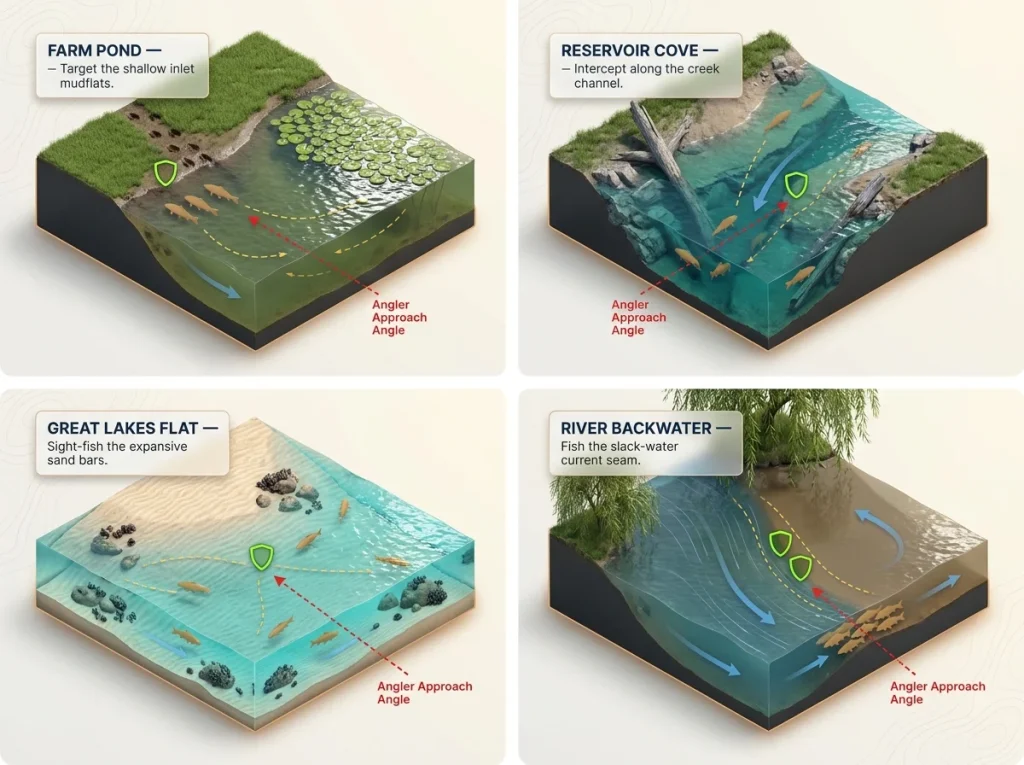 Infographic showing four primary US carp habitats with labeled feeding zones, depth profiles, and optimal angler approach angles