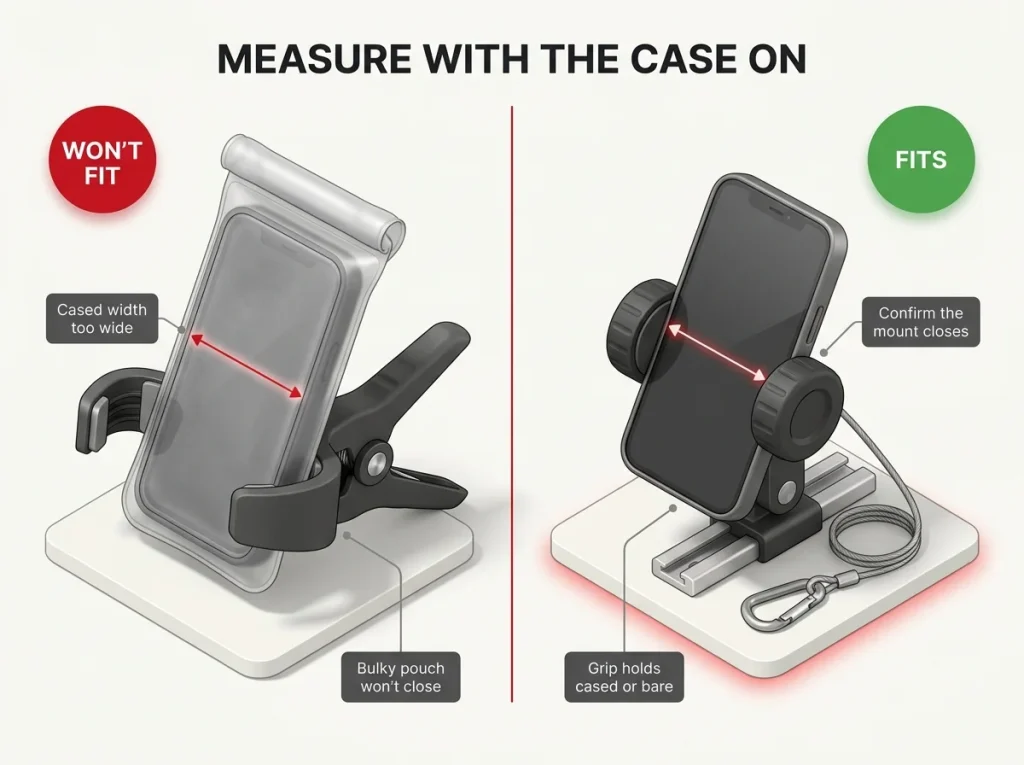 Diagram comparing a bulky pouch jammed in an open clamp cradle versus a cased phone secured in a rubber-wheel grip mount
