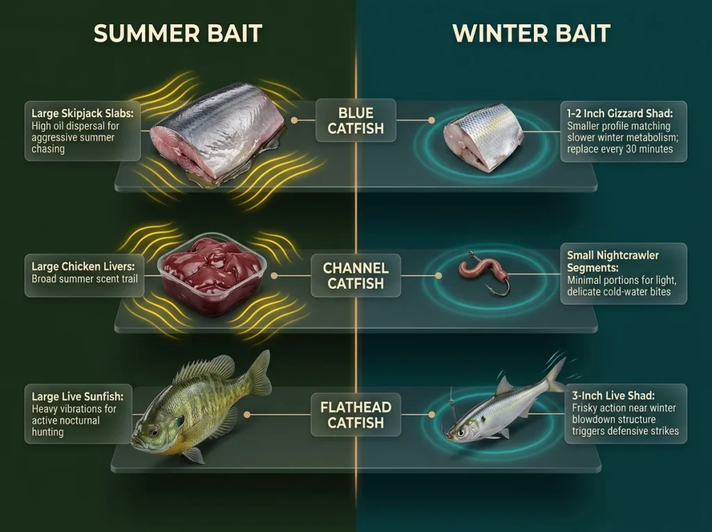 Side-by-side seasonal bait comparison for catfish with labeled summer and winter recommendations, sizes, and scent profiles.