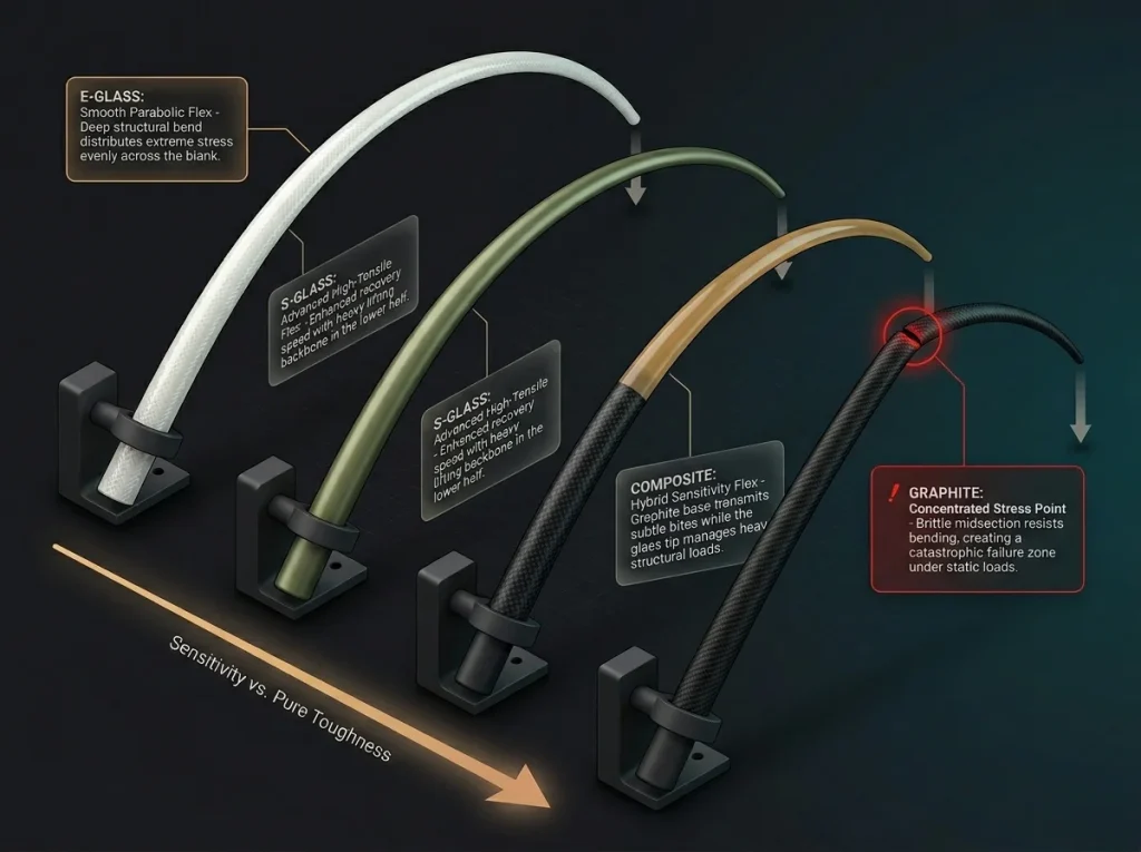 Technical chart comparing flex patterns and failure modes of E-glass, S-glass, composite, and graphite rod blanks.