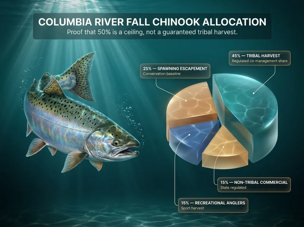 Infographic showing Columbia River fall chinook allocation with a 3D pie chart detailing tribal, commercial, recreational, and escapement shares.