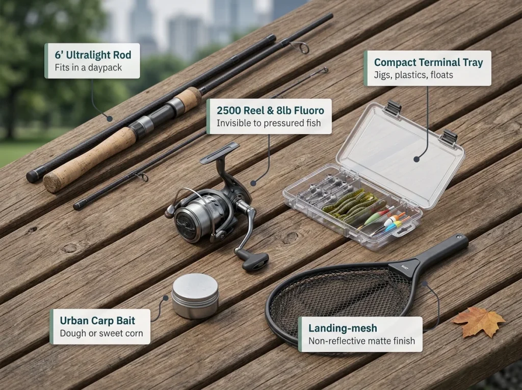 Flat-lay of a compact urban fishing setup on a park bench featuring an ultralight rod, reel, and small tackle tray.