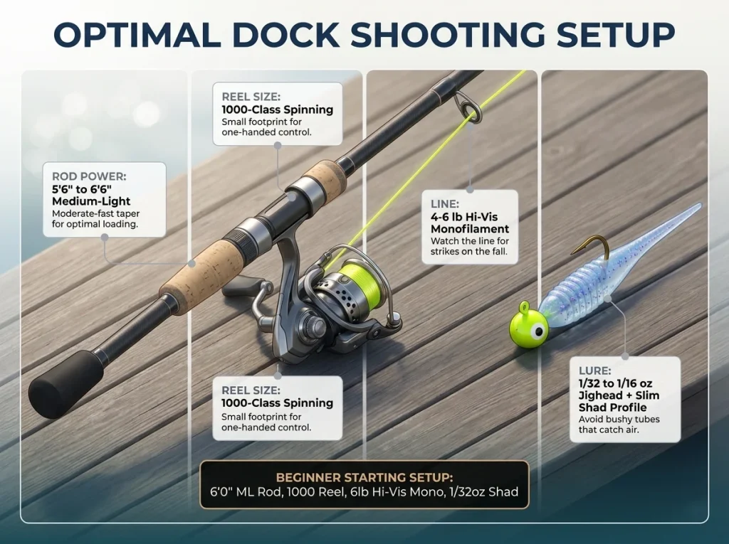 Infographic showing optimal dock shooting gear setup with labeled rod, reel, hi-vis line, and soft plastic jig specs