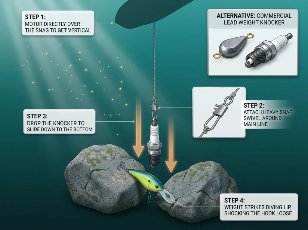 Step-by-step technical illustration of a DIY spark plug knocker sliding down a vertical fishing line to free a lure.