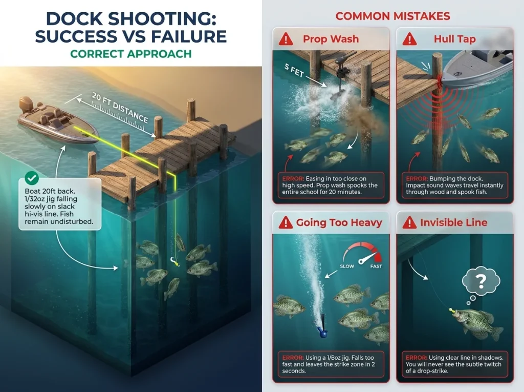 Infographic comparing the correct dock shooting approach with four common mistakes including prop wash, hull tap, and heavy jigs
