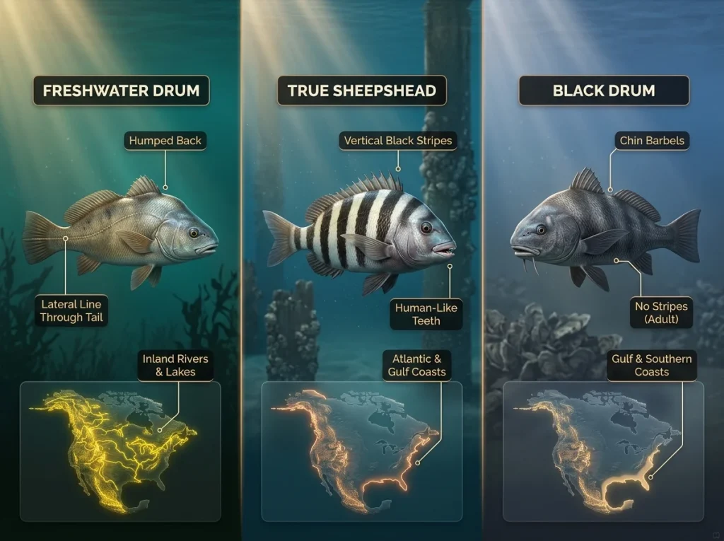 Infographic comparing freshwater drum, true sheepshead, and black drum with labeled identification features and geographic range maps.
