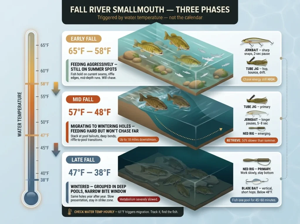 Infographic showing three fall smallmouth bass phases with temperature ranges, fish behavior stages, and lure recommendations