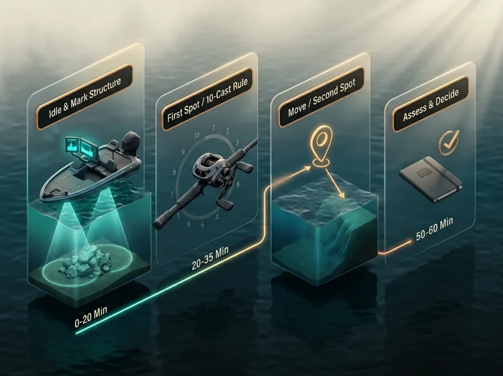 Timeline infographic of a first-hour fishing protocol from water arrival to structural sonar scouting.