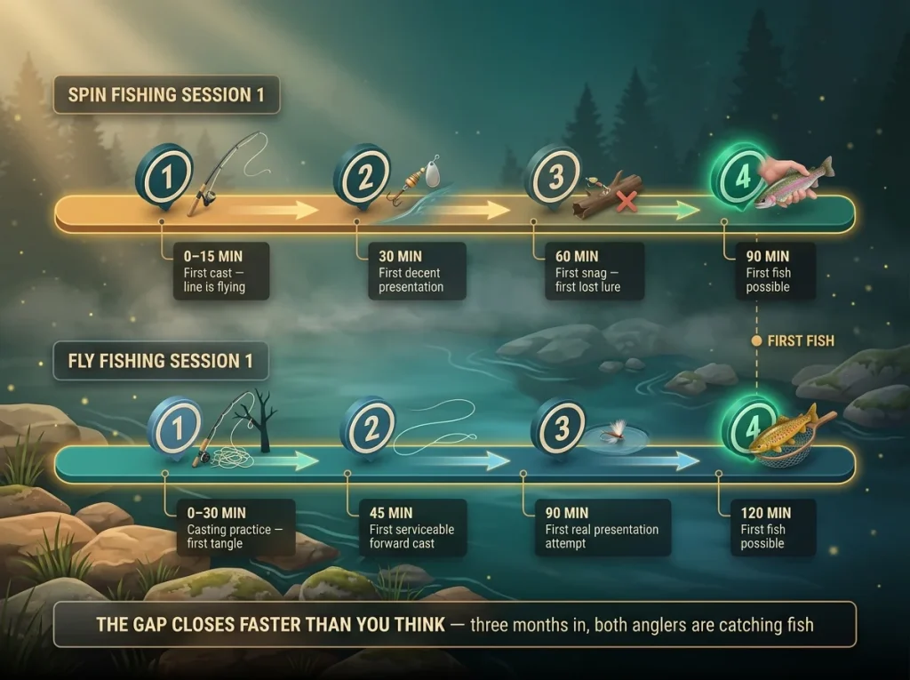 Infographic showing parallel first-session timelines for spin and fly fishing with key milestones and time markers