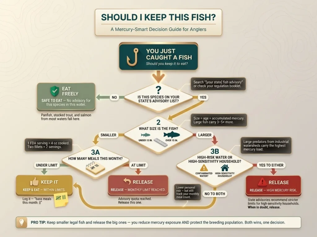 Infographic showing angler decision flowchart for keeping or releasing fish based on advisory status, size, and monthly meal count