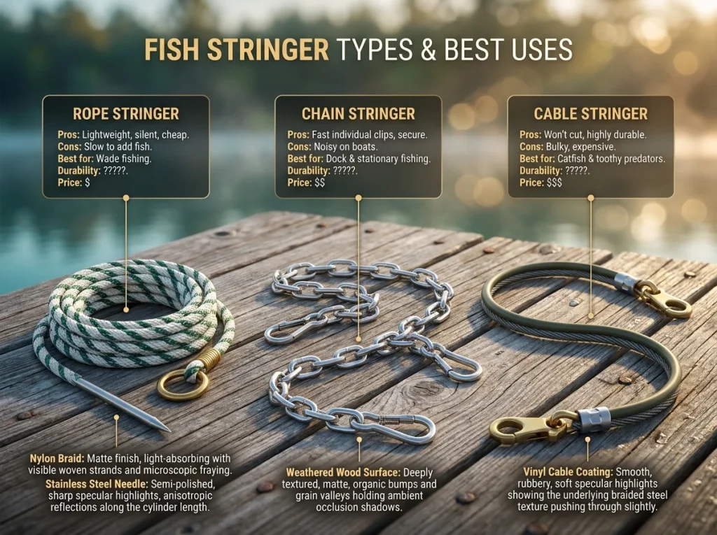 Infographic showing fish stringer comparison with rope, chain, and cable types highlighting durability and best use cases